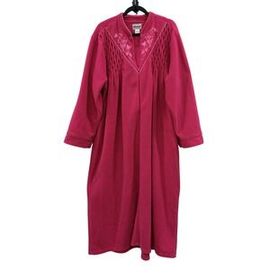 VTG Anthony Richards Women 1X Robe Pink Fleece Floral Embroidered Zip Smocked
